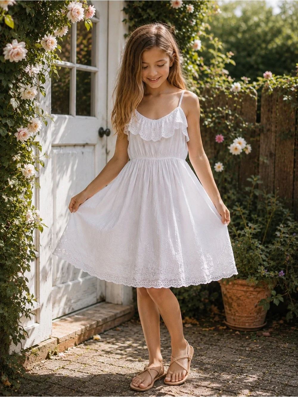 Vintage Old Navy Girls White Eyelet Sundress XL Boho Cottagecore Cotton